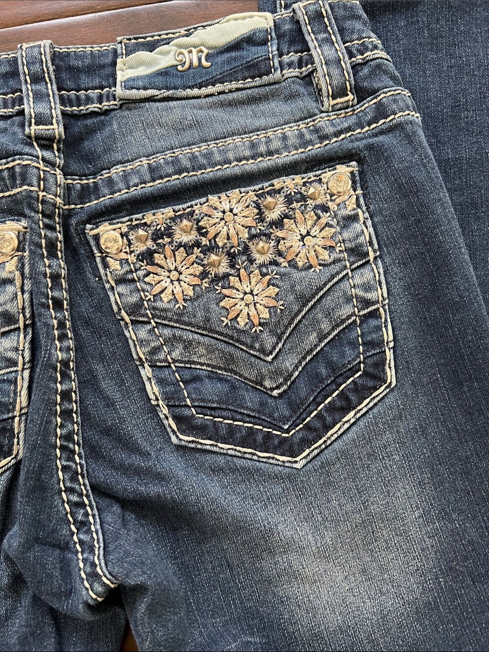 MISS ME Bootcut Embellished Denim Jeans Y2K Loose Saddle Stitch Dark Wash Sz. 27